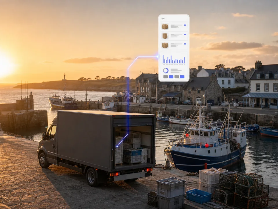 Camion de livraison relié à une application mobile de gestion de stock dans un port breton