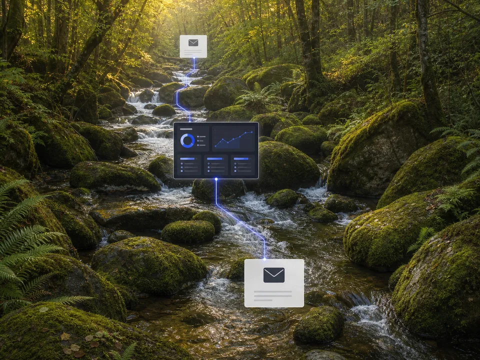 Flux automatisé reliant deux e-mails à un dashboard le long des Chaos du Gouët