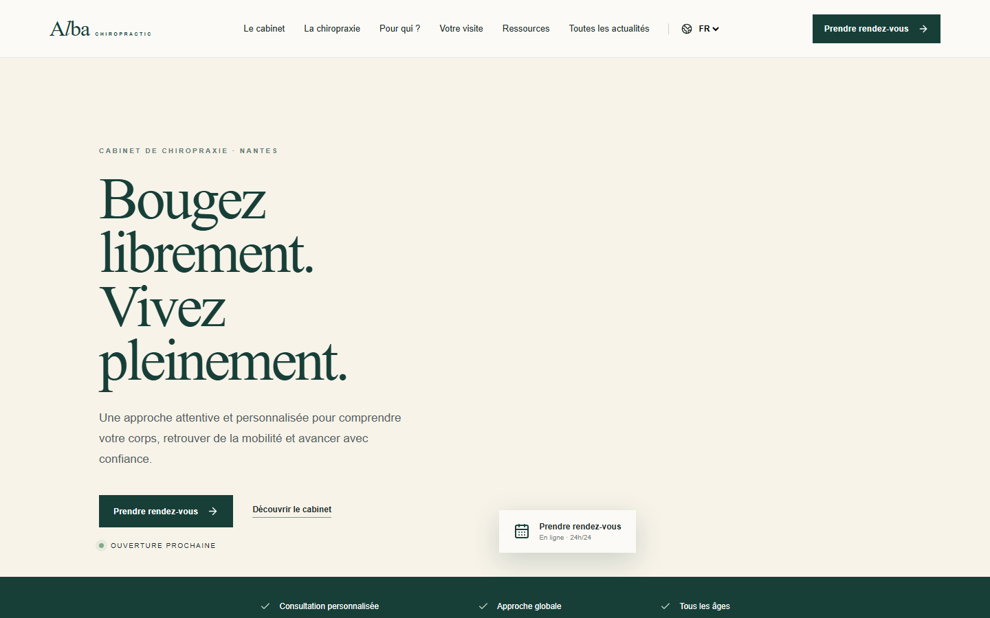 Page d'accueil professionnelle du cabinet Alba Chiropraxie