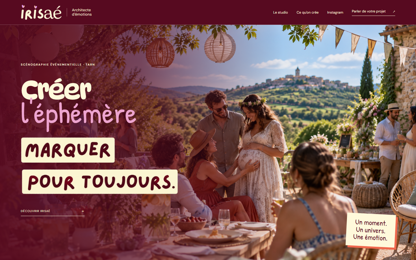 Page d'accueil solaire et florale du site de scénographie Irisaé